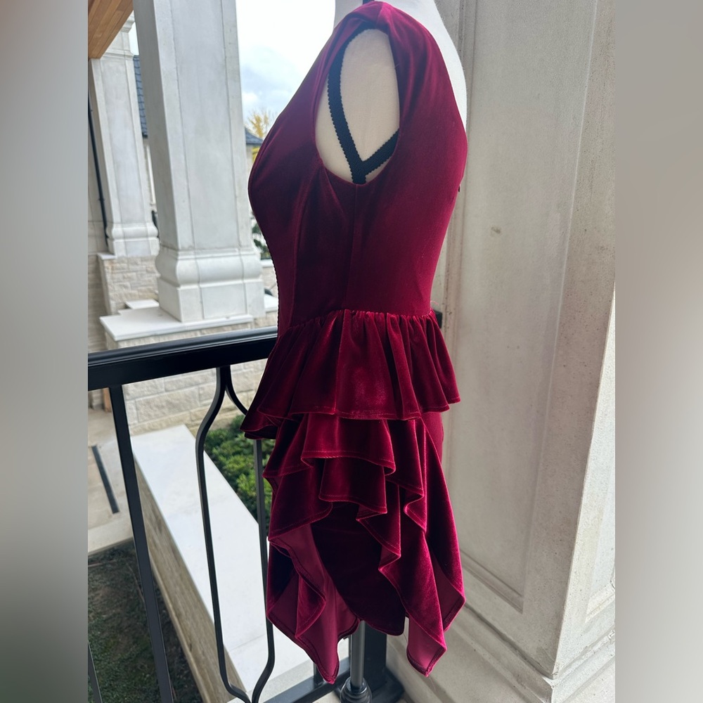 ASOS Red Velvet V Neck Peplum Ruffle Mini Dress (Size 4) - Picture 4 of 11